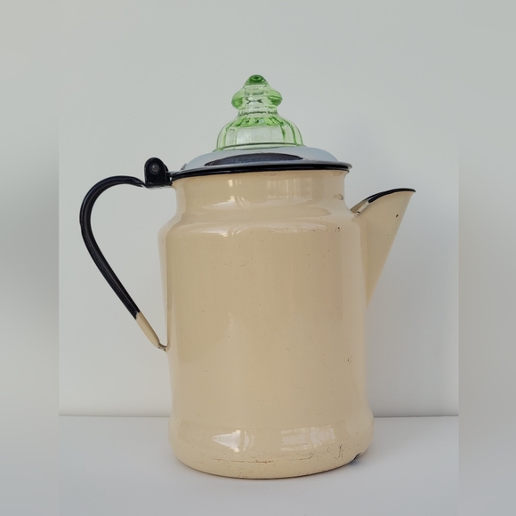 Vintage Uranium glass cream enamel coffee pot percolator